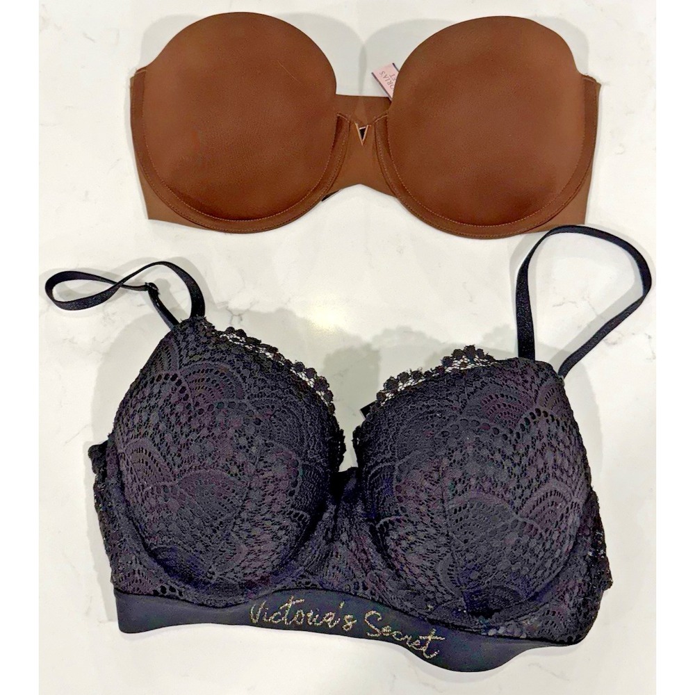 Victoria's Secret LOT OF 2 Bra's Perfect Shape & T Shirt Push Up Logo Band 32D